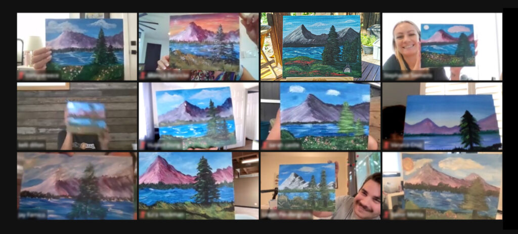 Screenshot from Zoom showing paintings of mountains made by employees.