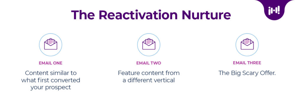 The content of this image mirrors the content about the reactivation email nurture camapaign in the following paragraphs.