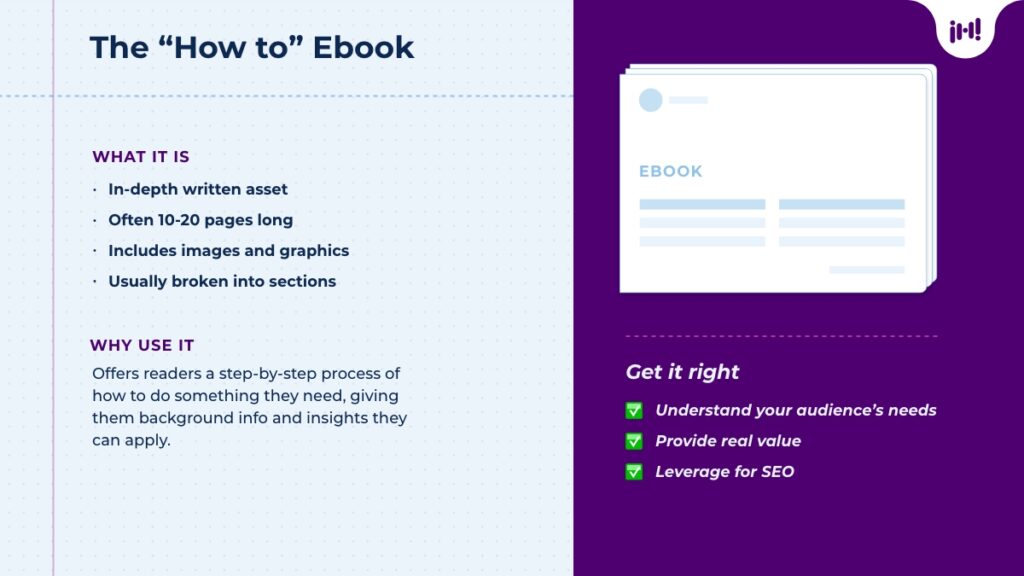 The “How to” Ebook: What it is: In-depth written asset, 10-20 pages, Includes images and graphics, broken into sections or chapters. Why use it: Offers readers a deep dive into a relevant subject, giving them background info and insights they can apply. Get it right: Understand your audience’s needs, provide real value, leverage for SEO.