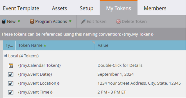 Screenshot of the My Tokens tab in Marketo, showing four tokens: Calendar Token, Event Date, Event Location, and Event Time, with corresponding values such as 'September 1, 2024' and '2 PM - 3 PM ET.'