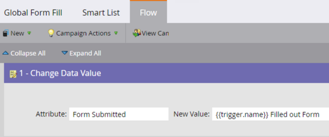 Screenshot of the Flow tab in Marketo, showing a step labeled 'Change Data Value' with the attribute 'Form Submitted' and the new value set to '{{trigger.name}} Filled out Form'