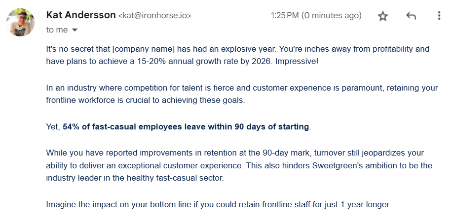 Beginning of a sales email that reads: It's no secret that [company name] has had an explosive year. You're inches away from profitability and have plans to achieve a 15-20% annual growth rate by 2026. Impressive! In an industry where competition for talent is fierce and customer experience is paramount, retaining your frontline workforce is crucial to achieving these goals. Yet, 54% of fast-casual employees leave within 90 days of starting. While you have reported improvements in retention at the 90-day mark, turnover still jeopardizes your ability to deliver an exceptional customer experience. This also hinders Sweetgreen's ambition to be the industry leader in the healthy fast-casual sector. Imagine the impact on your bottom line if you could retain frontline staff for just 1 year longer.