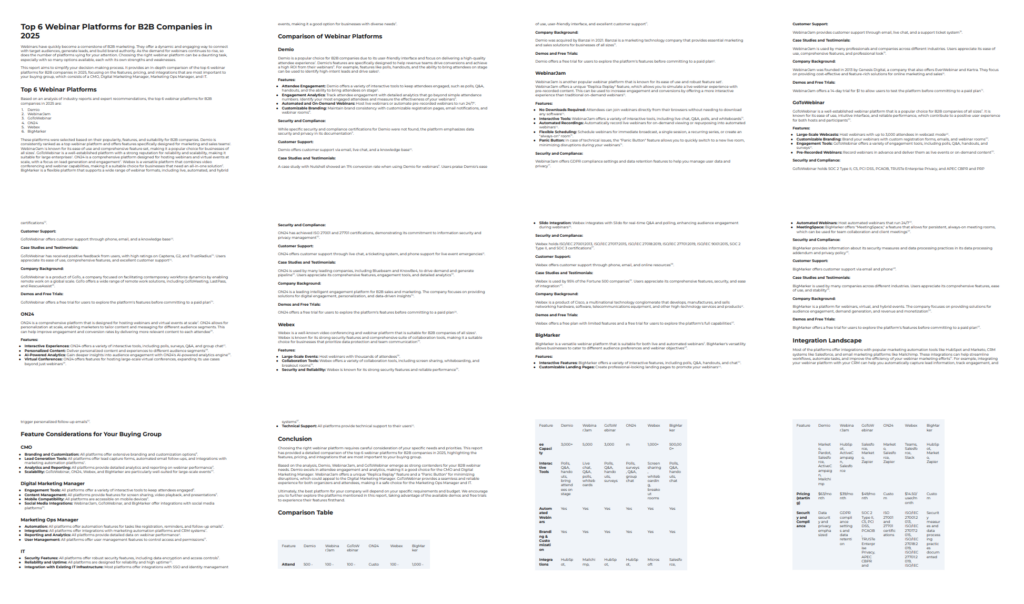 A group of screenshots from a report created by Gemini Deep Research, including pages of formatted analysis and a chart comparing key aspects of the top six webinar platform vendors.